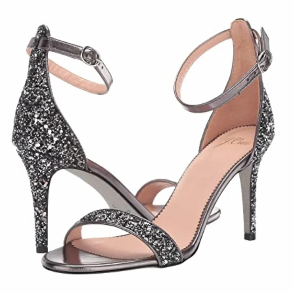 NEW - J. Crew Riley Sandal Stiletto Heels Silver Gunmetal Glitter Size 9.5 NIB